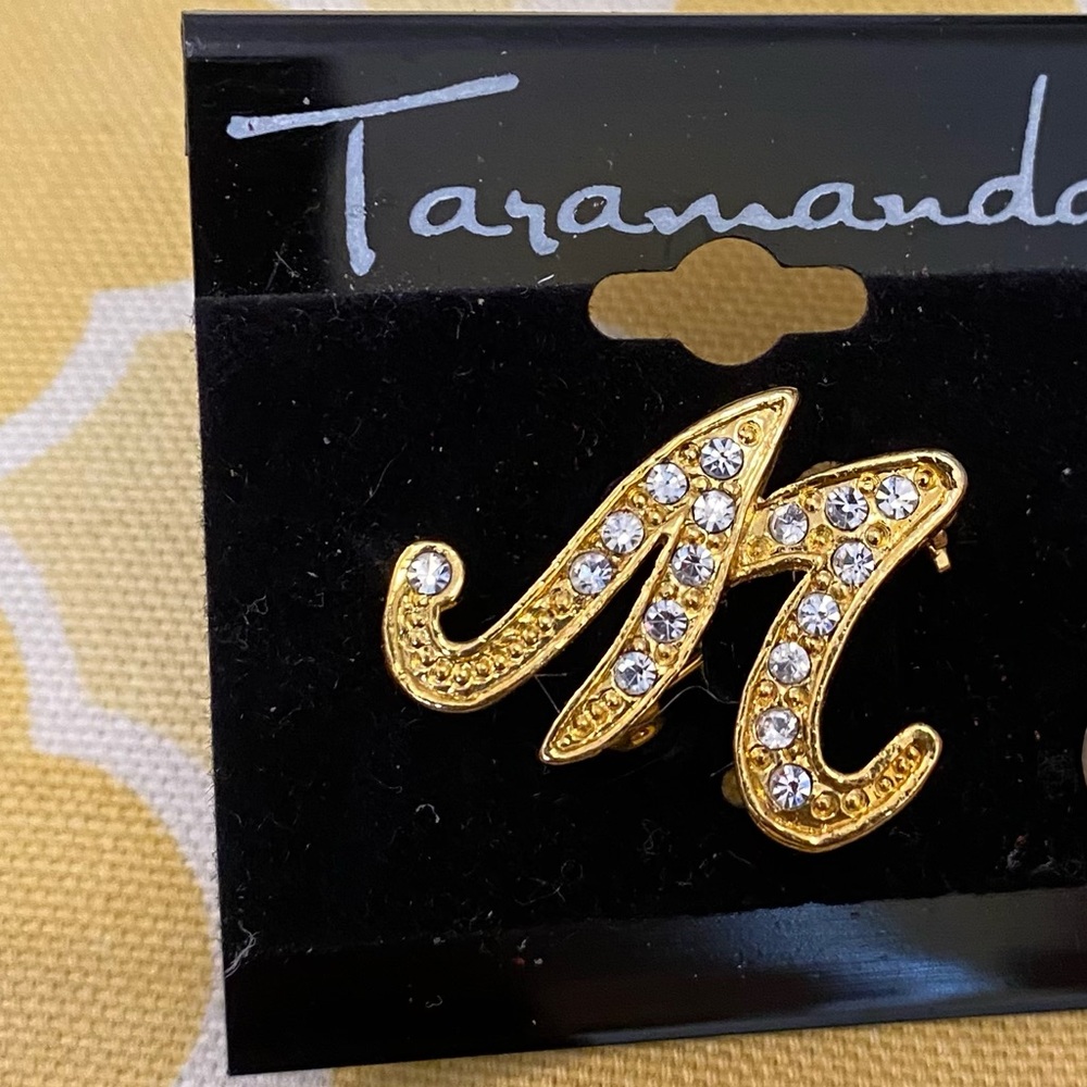 Gold M Initial Brooch with Rhinestones NWT